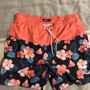 Hollister Orange and Blue Swim Trunks Floral Design